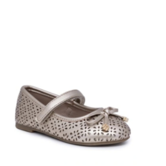 KIDS' LASER CUT MARY JANE FLAT IN CHAMPAGNEA tacked bow size 6 new - Picture 2 of 2